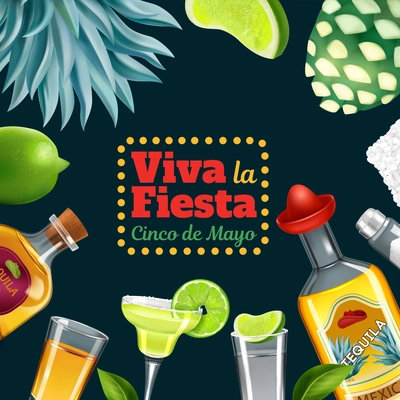 Viva fiesta black background decorated with realistic frame consisting of bottles and wineglasses with tequila drinks vector illustration