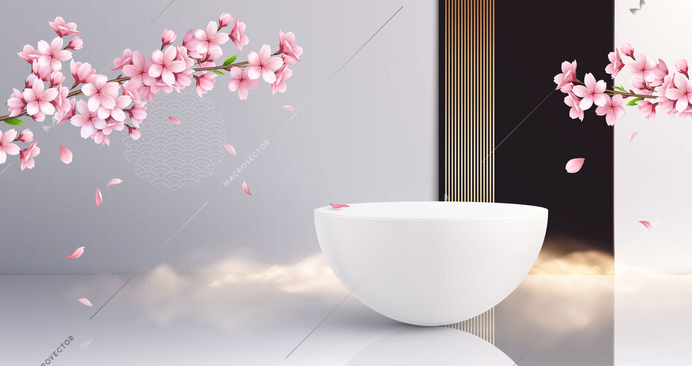 Minimalistic japanese style podium realistic background composition with branches of sakura petals and deep white dish vector illustration