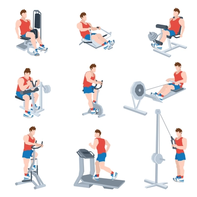 Sport exercise machines and fitness training apparatus set with men isolated vector illustration