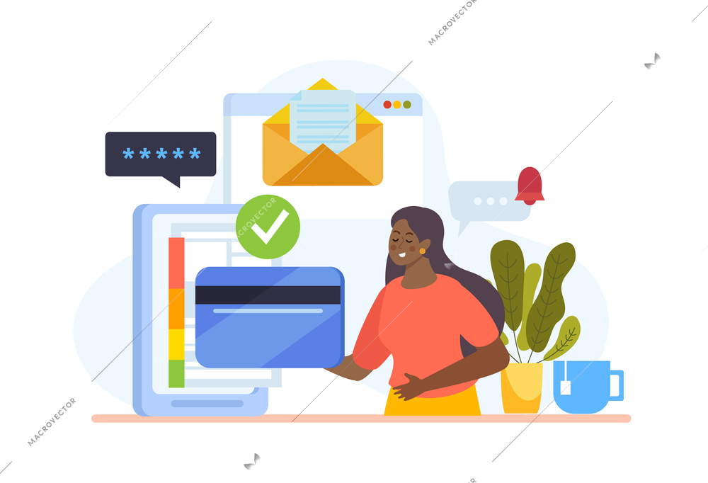 Credit score flat composition with chat bubbles envelopes application screens and black woman with credit card vector illustration