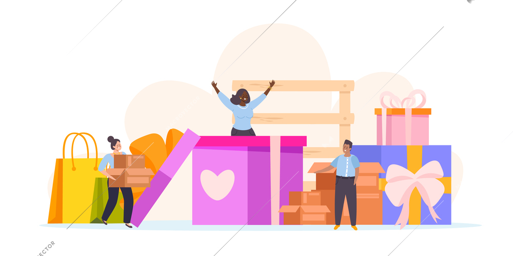 People with boxes flat composition with gift bows paper shopping bags and doodle style human characters vector illustration