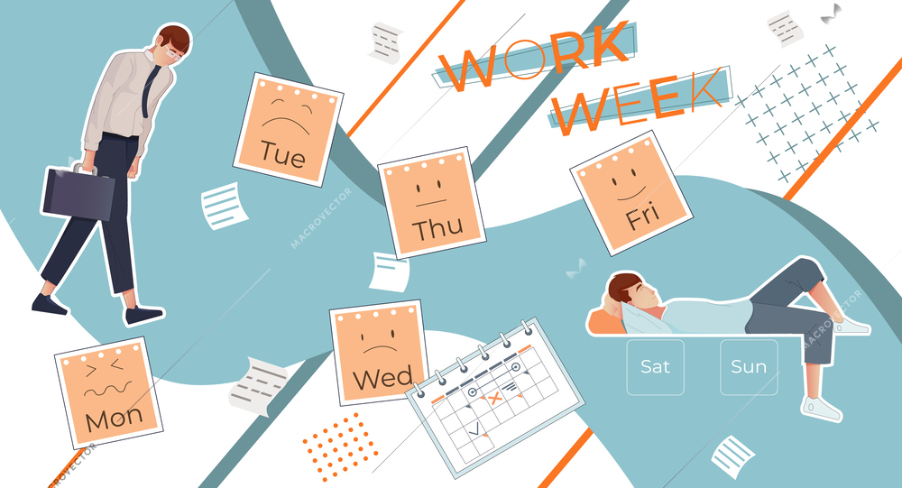 Work week collage in flat style with calendars and tired officer worker relaxing at weekend vector illustration