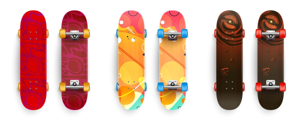 Realistic skate board set with isolated top and bottom views of urban style skateboards with artwork vector illustration