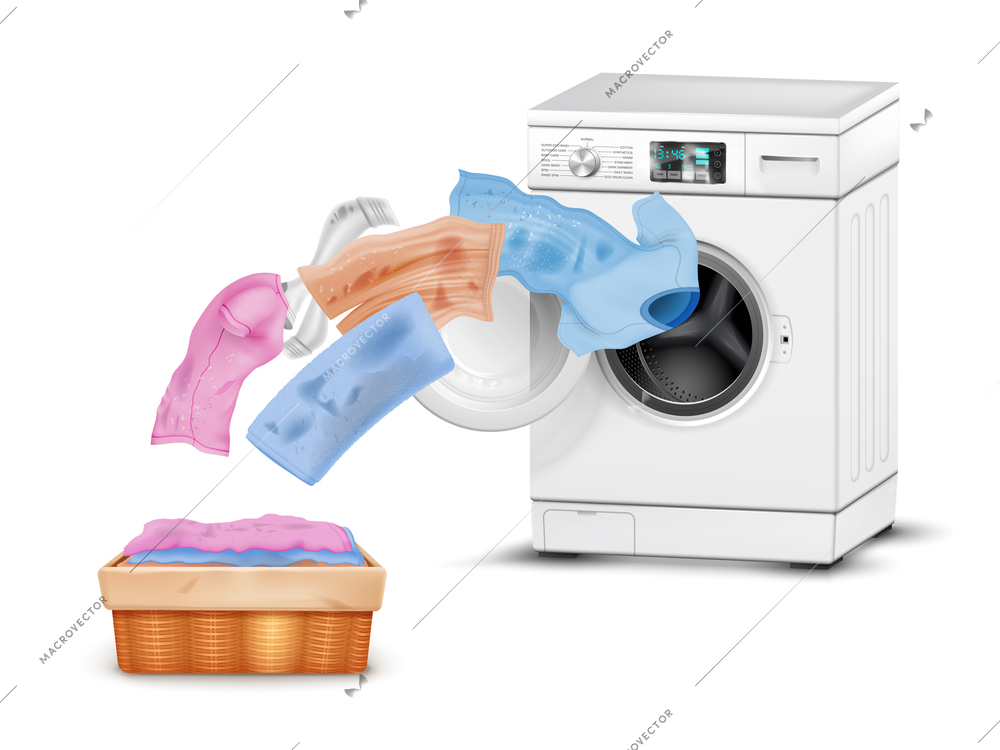 Realistic washing machine composition with isolated view of laundry flying out of machine door to basin vector illustration