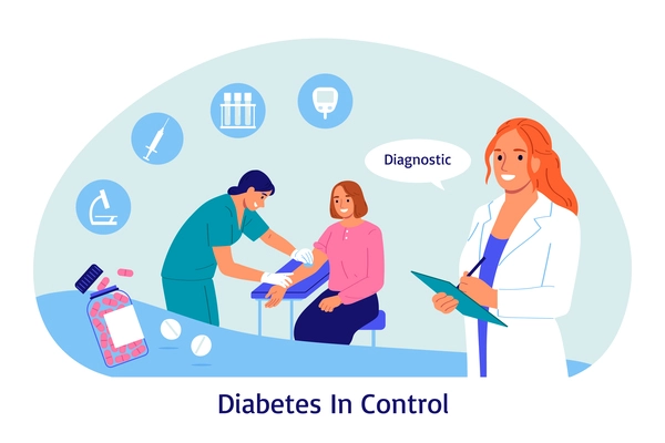 Diabetes composition with doodle style characters of medical specialist and patient with icons of medical supplies vector illustration