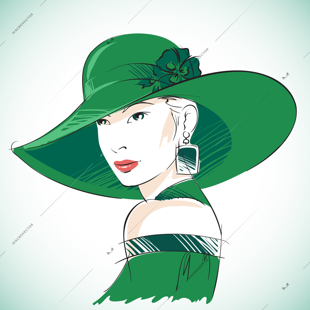 Attractive sensual woman portrait wearing green hat and earrings vector illustration