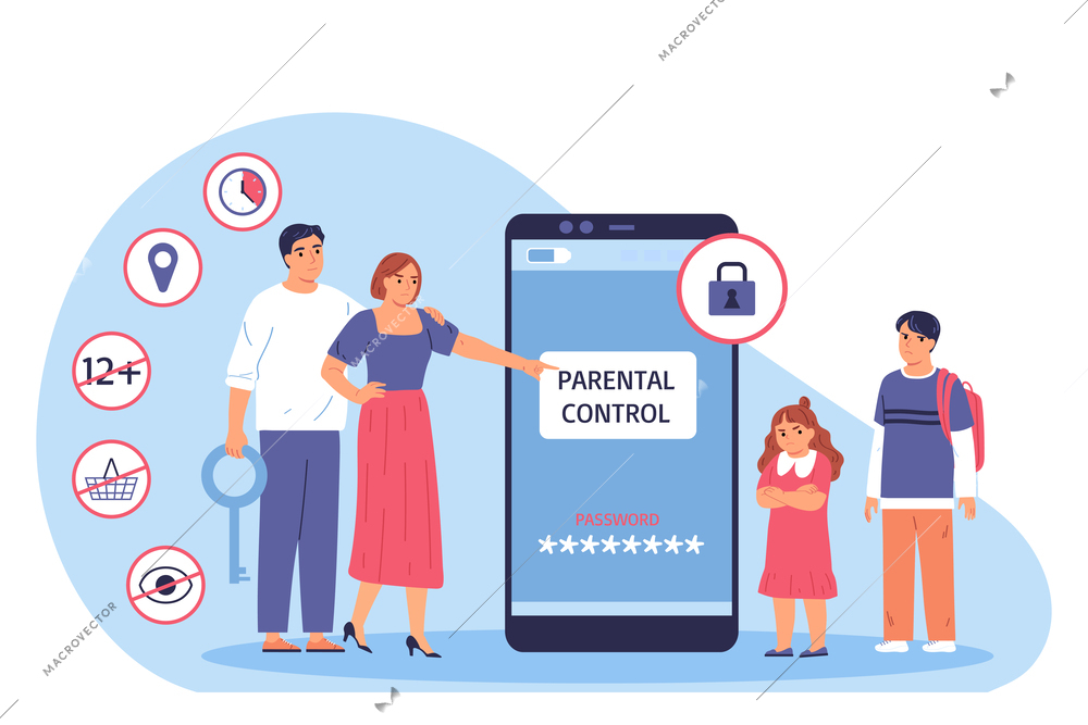 Parental control composition with doodle style characters of parents with lock key and unhappy teenage kids vector illustration