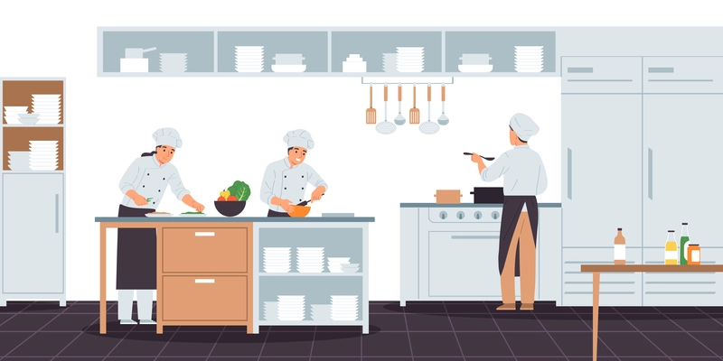 Cooks composition with indoor view of modern restaurant kitchen and characters of professional cooks preparing meals vector illustration