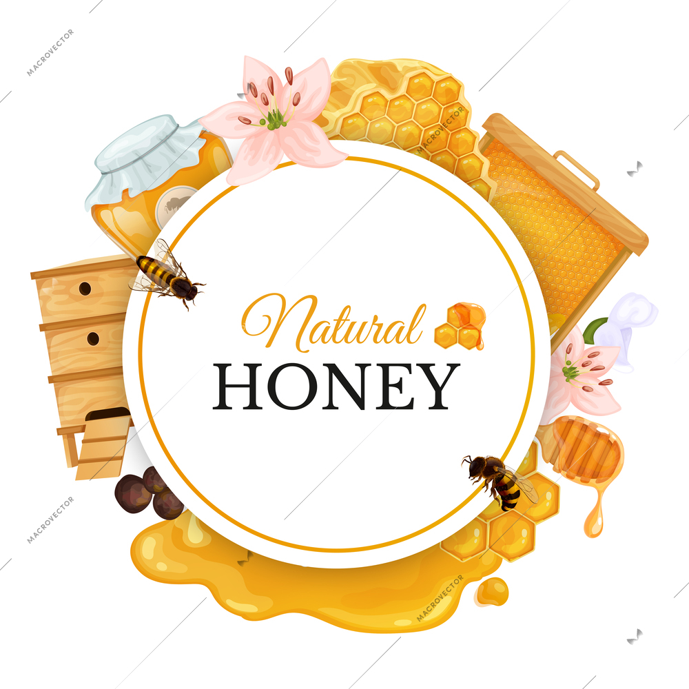 Natural honey round frame decorated with honeycombs beehive and bees realistic vector illustration