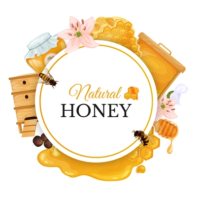 Natural honey round frame decorated with honeycombs beehive and bees realistic vector illustration