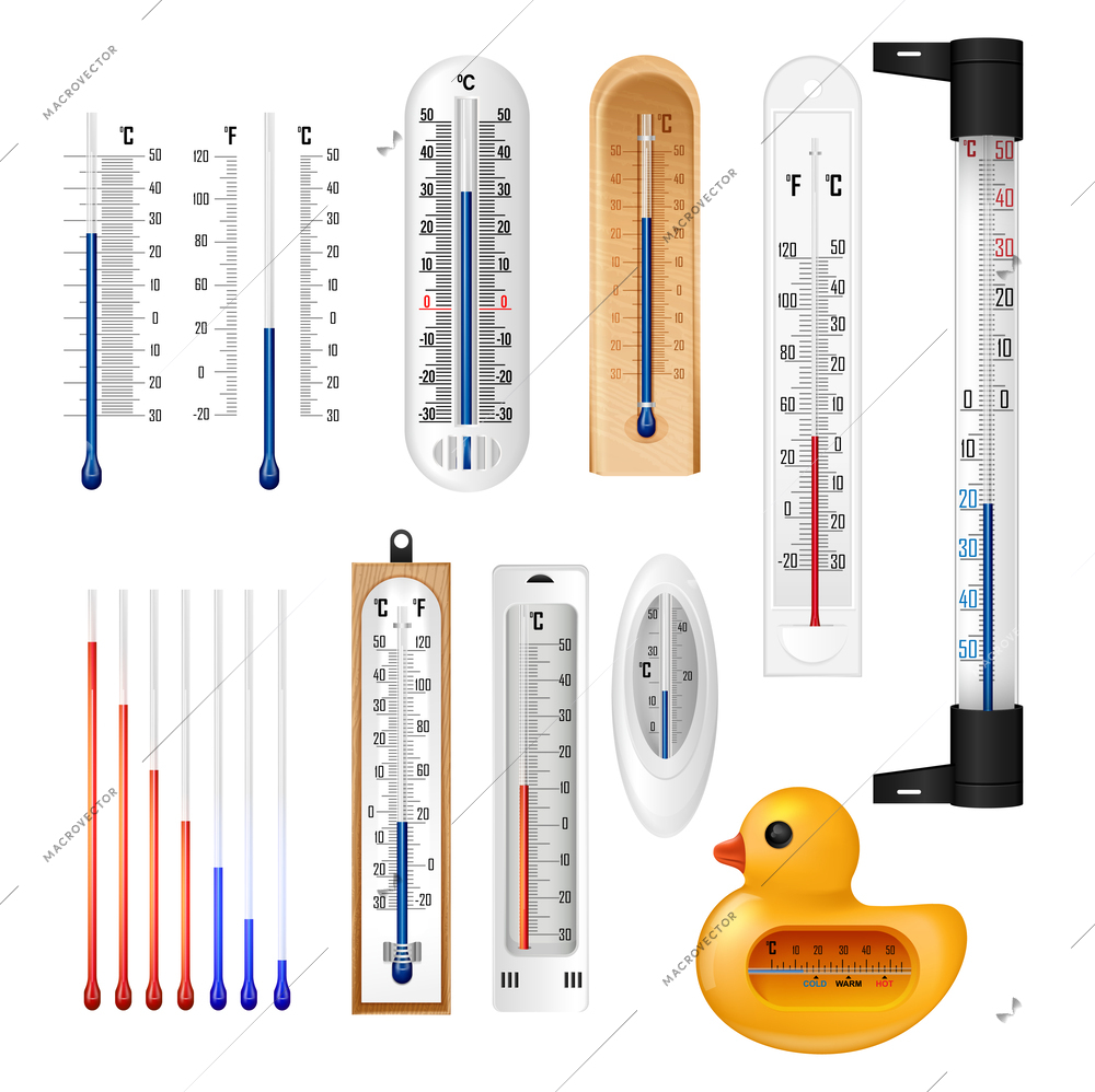 Realistic meteorology indoor thermometer set with isolated images of household temperature meters for air and water vector illustration