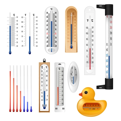 Realistic meteorology indoor thermometer set with isolated images of household temperature meters for air and water vector illustration