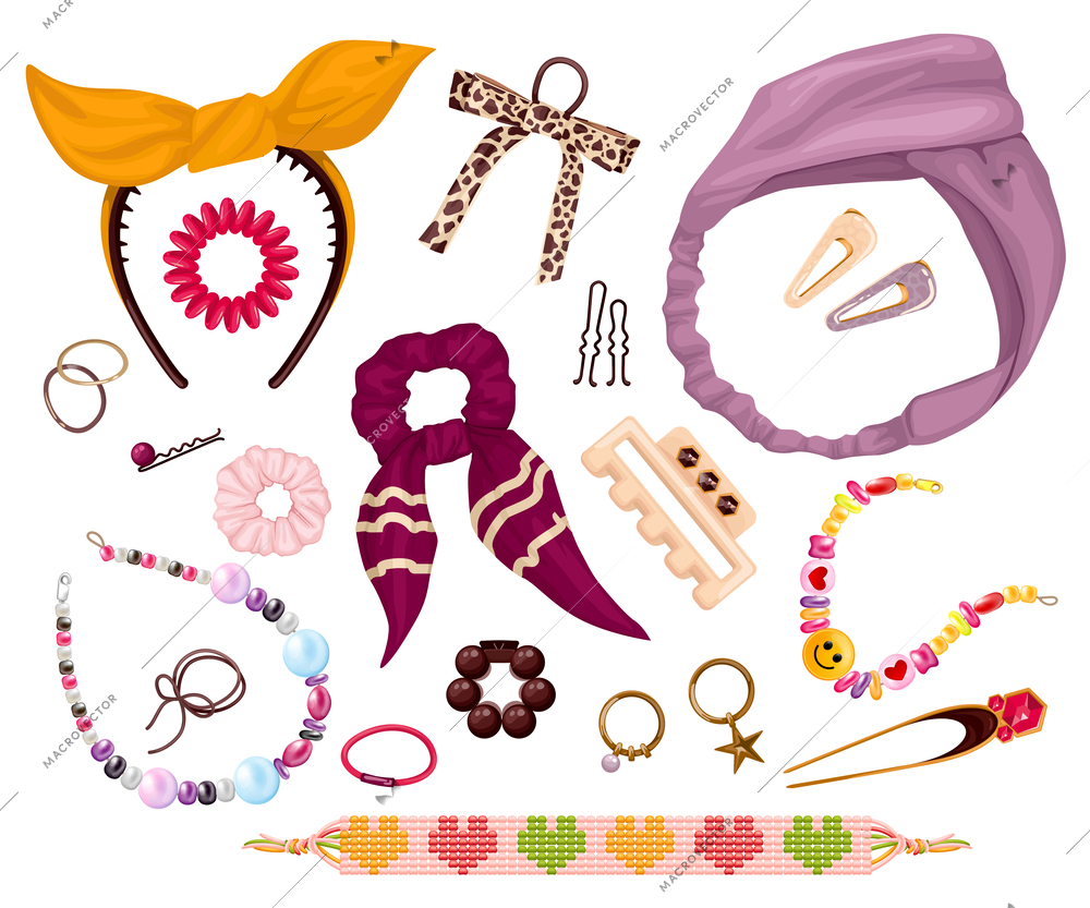 Trendy accessories and decoration items for female persons so as bracelets and hair pins isolated vector illustration