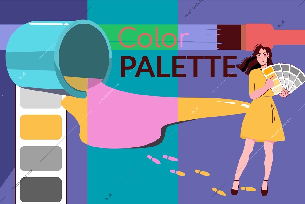 Collage in flat style with female designer holding color palette and bucket of spilt paint vector illustration