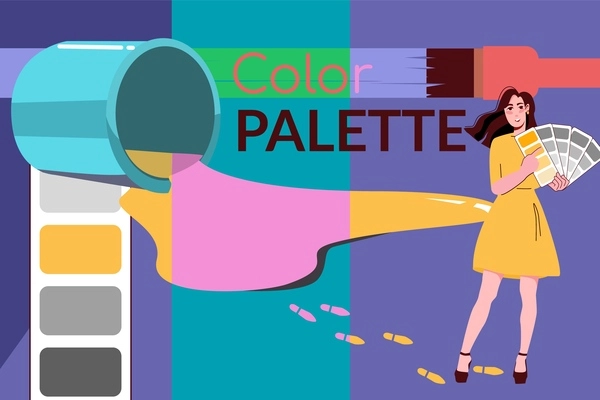 Collage in flat style with female designer holding color palette and bucket of spilt paint vector illustration