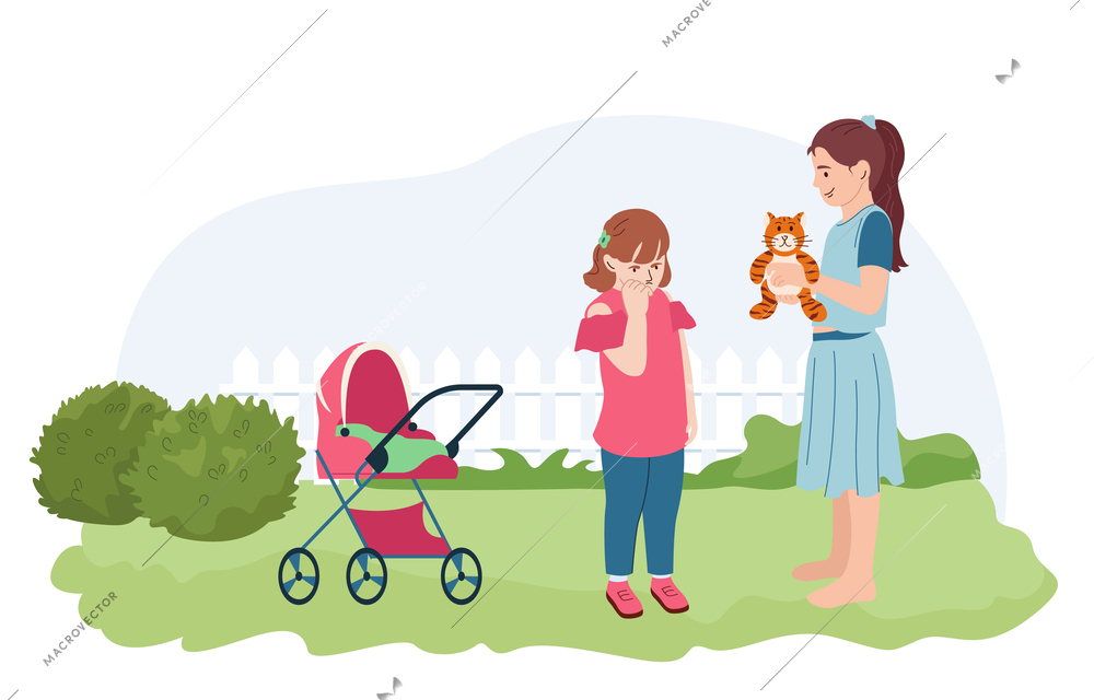 Children behaviour flat concept with kind girl giving soft toy to frustrated child vector illustration