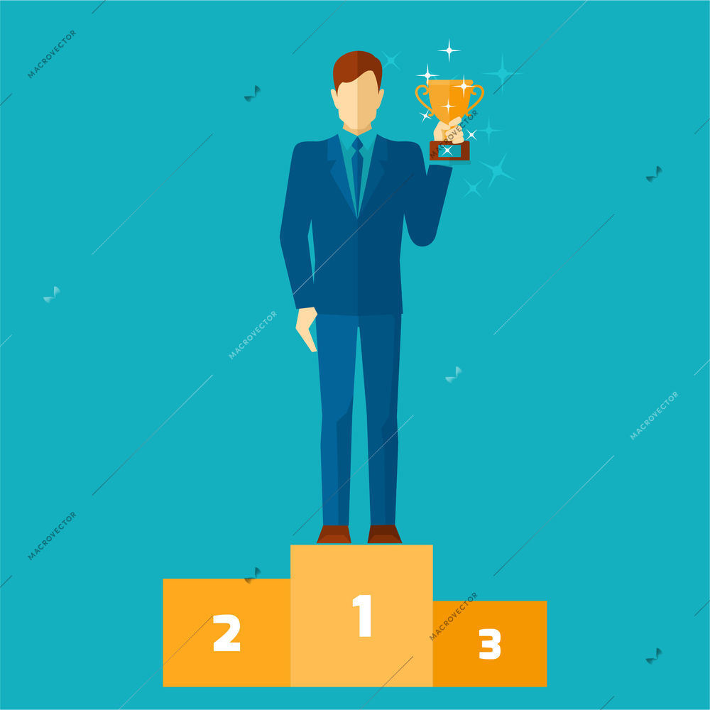 Business man on podium holding a gold cup flat vector illustration