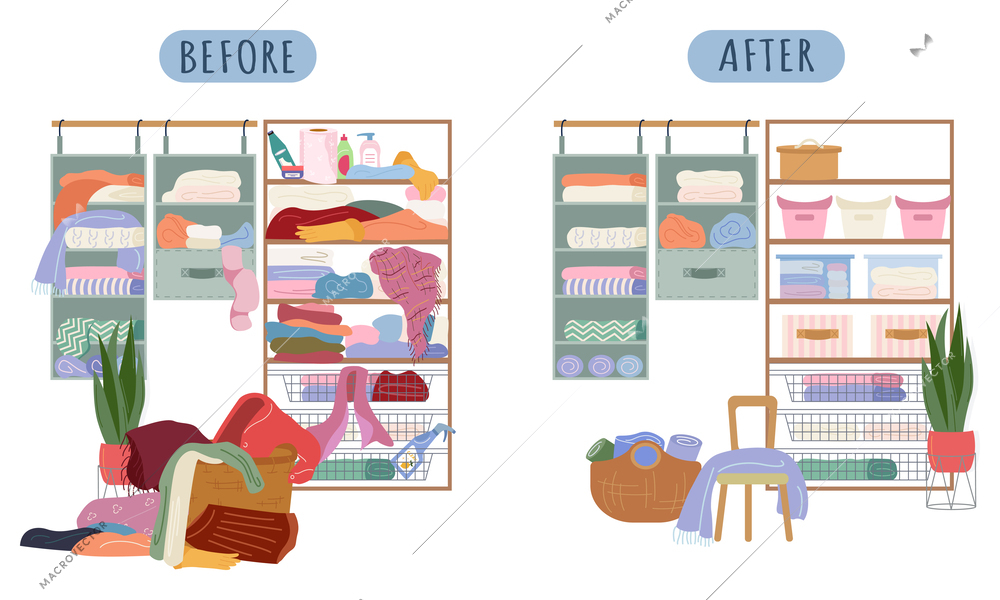 Walk in closet before and after ordering flat composition with scattered things and neatly arranged on shelves vector illustration