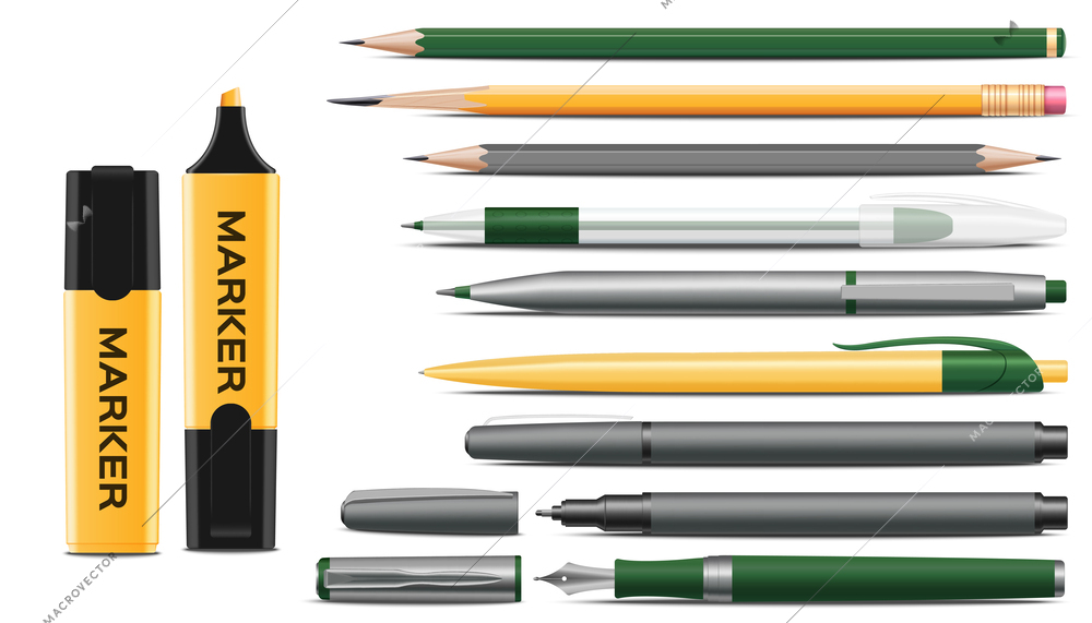 Wooden pencils markers ball gel and ink pens realistic set isolated vector illustration