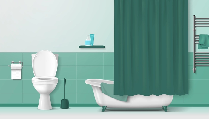 Bathroom interior with green color elements toilet bathtub and towel rail realistic vector illustration