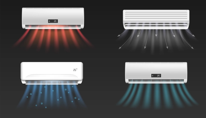 Realistic set of air conditioners blowing cold and hot air isolated on black background vector illustration
