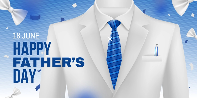 Realistic fathers day horizontal poster with elegant white male jacket and necktie on blue gradient background with bow ties vector illustration