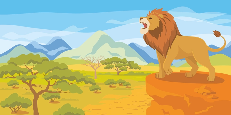 Flat savanna composition with lion roarning on mountain cliff vector illustration