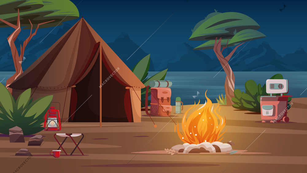 Camping night composition tent stands by the lake with campfire and equipment set up vector illustration