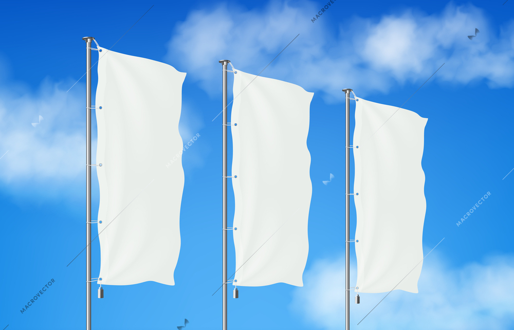 Waving blank advertising flags on metal poles with blue sky in background realistic vector illustration