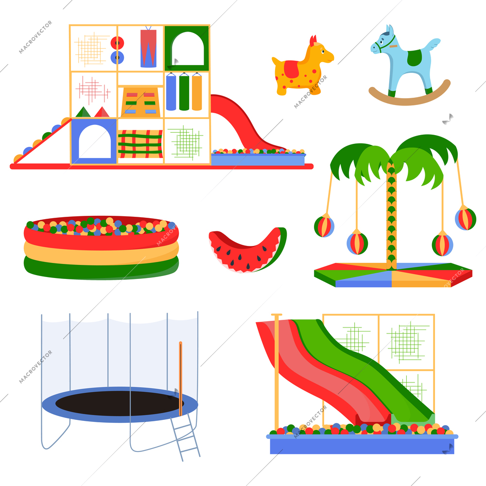 Mall children playroom flat color set of pool with plastic balls trampoline carousels isolated elements vector illustration