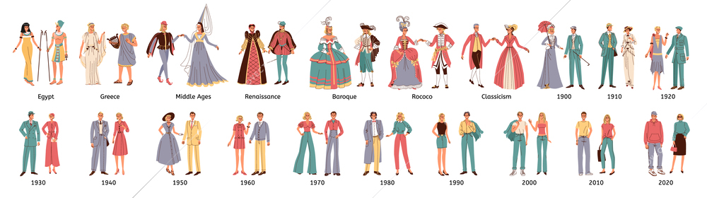 Fashion history flat set of human couples dressed in style of middle ages renaissance rococo baroque and  modern times isolated vector illustration