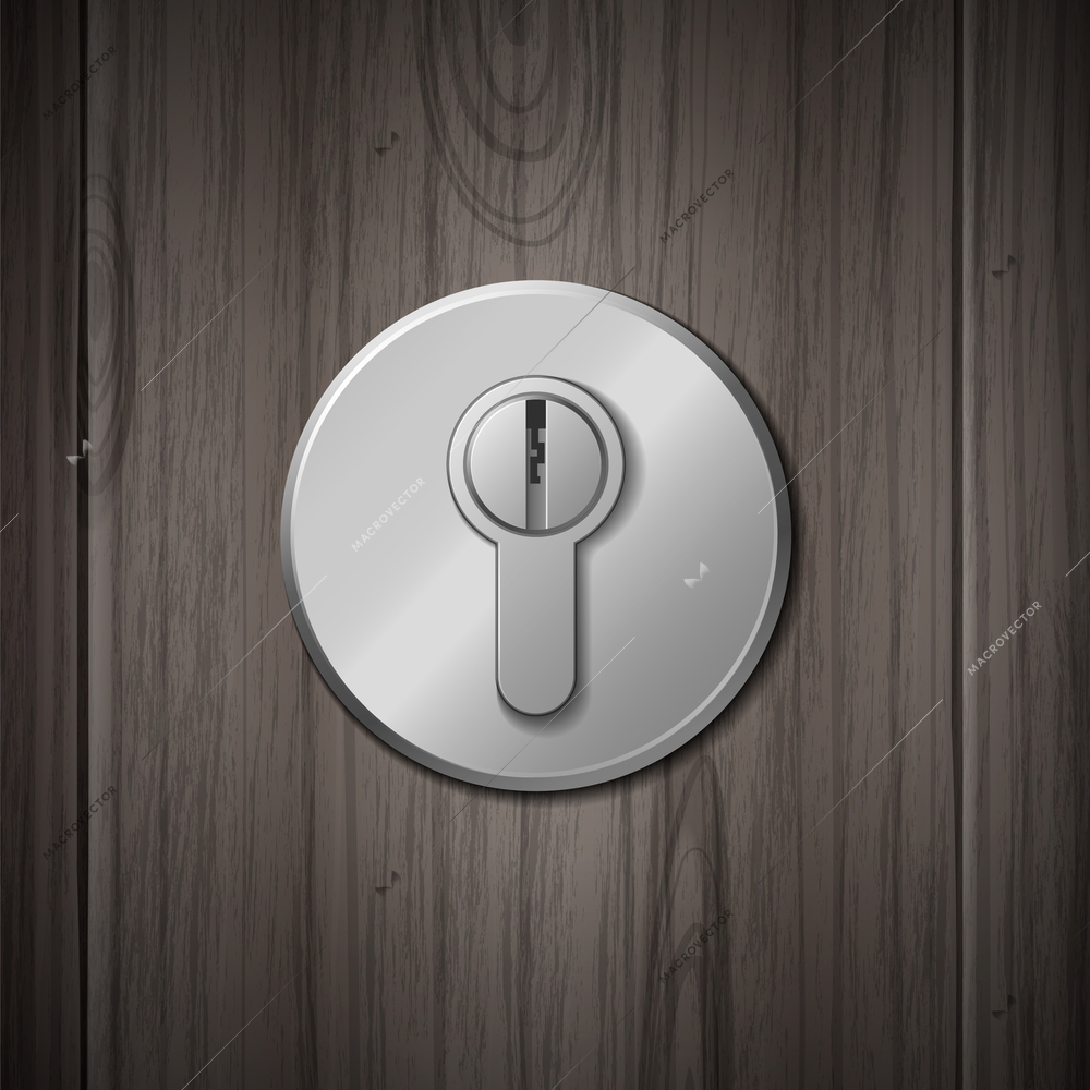 Realistic composition with metal key hole on wooden door background vector illustration