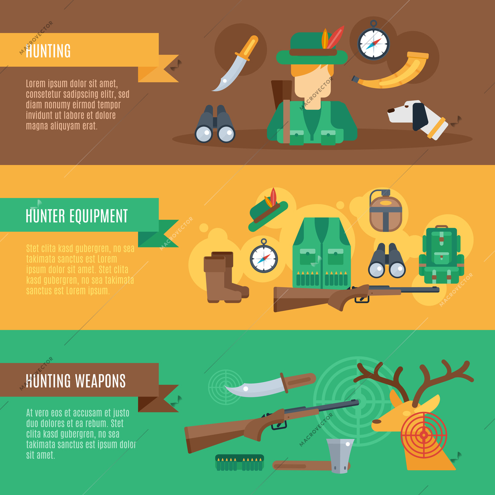 Hunting horizontal banner set with animals equipment and weapons flat elements isolated vector illustration