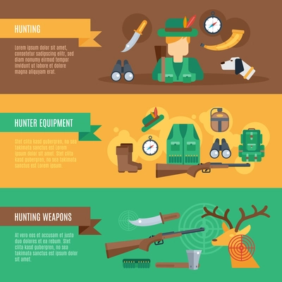 Hunting horizontal banner set with animals equipment and weapons flat elements isolated vector illustration