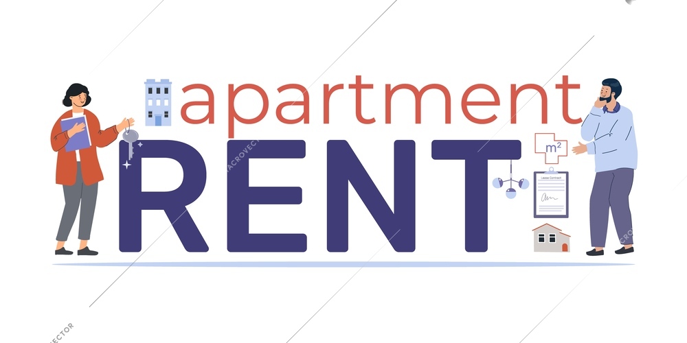 Rent apartment flat text with estate agent holding key and man looking for house vector illustration