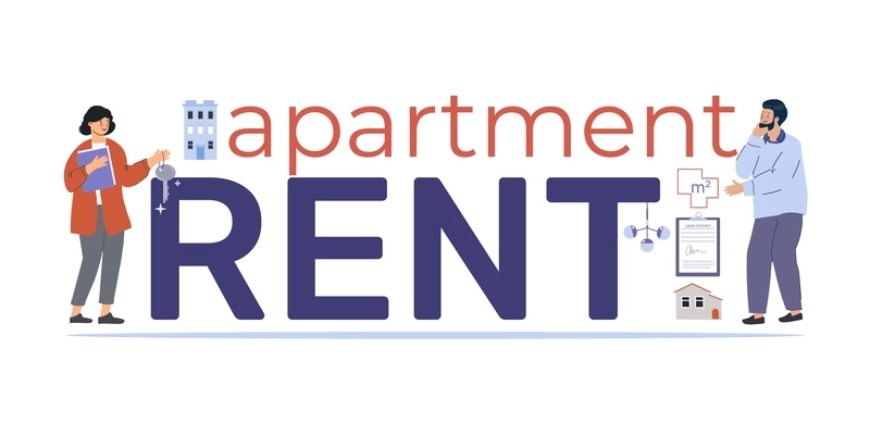 Rent apartment flat text with estate agent holding key and man looking for house vector illustration