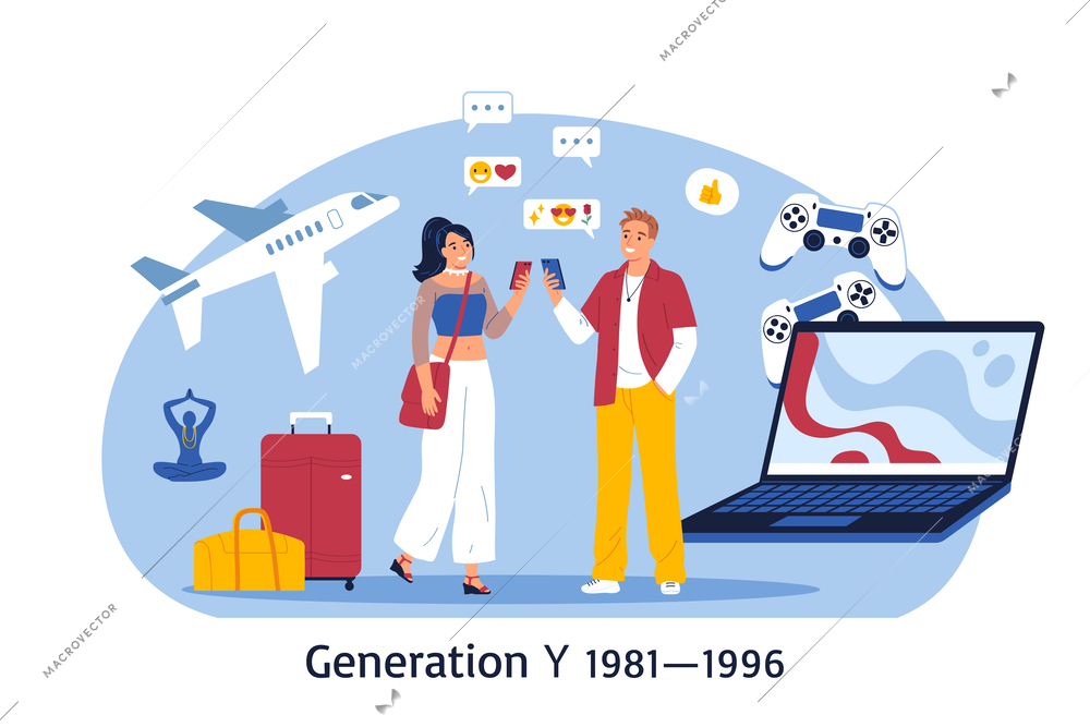 Generation y composition with text and doodle characters of man and woman with chat laptop gamepads vector illustration