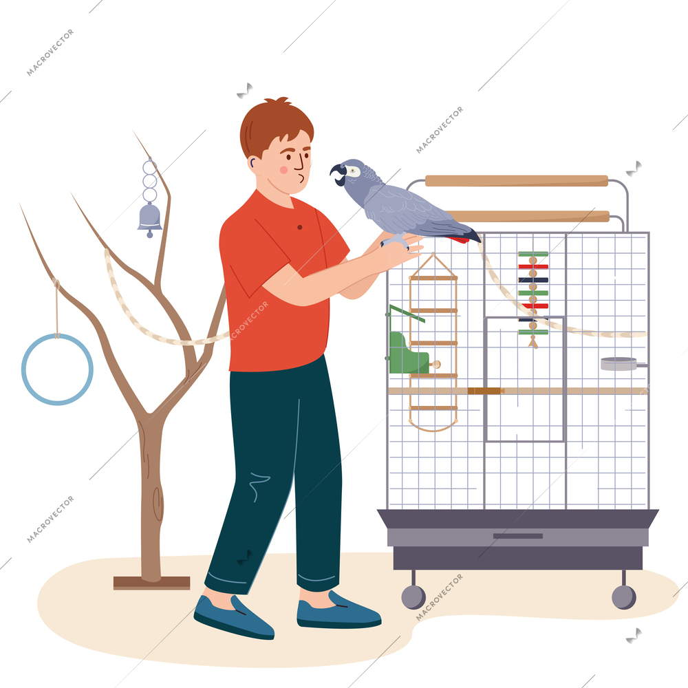 People with exotic pets flat composition on blank background with boy holding parrot cage and tree vector illustration