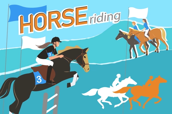 Horse riding collage with female equestrians and flags on color background flat vector illustration