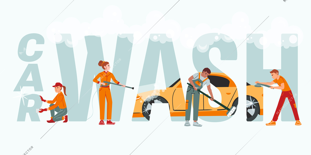 Car washing composition with flat text and foam surrounded by workers in orange uniform with tools vector illustration