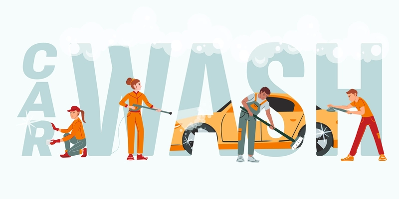 Car washing composition with flat text and foam surrounded by workers in orange uniform with tools vector illustration