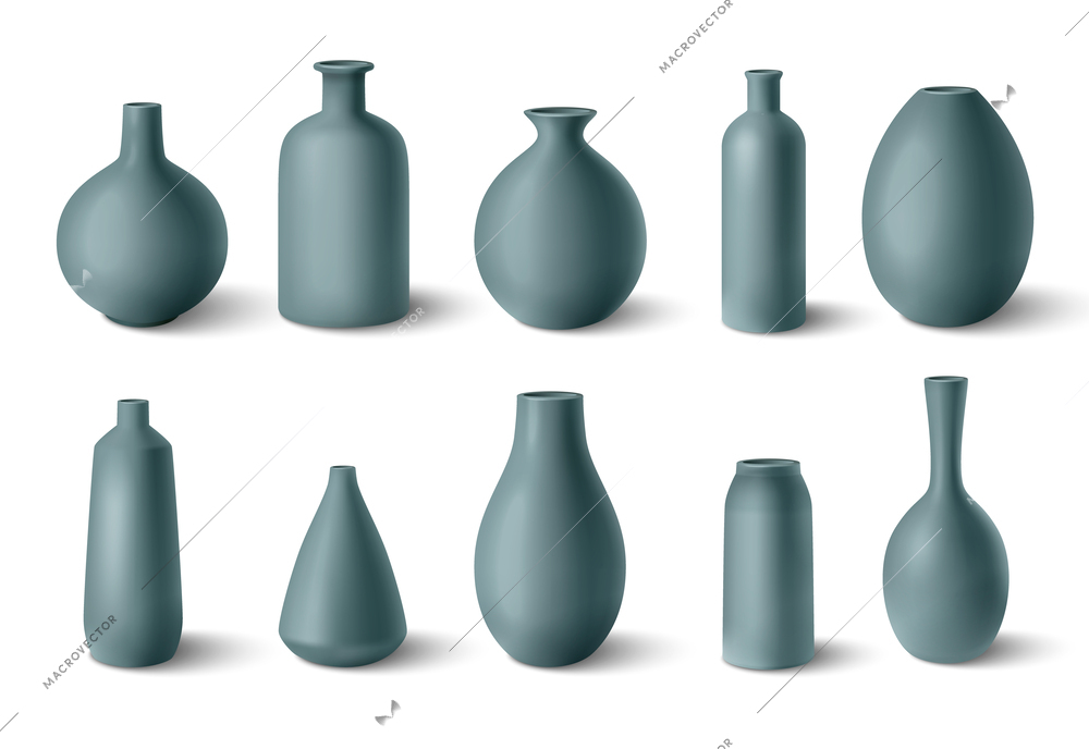 Collection of color porcelain vases in realistic style isolated on white background vector illustration