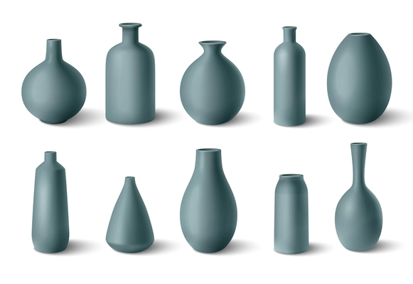 Collection of color porcelain vases in realistic style isolated on white background vector illustration