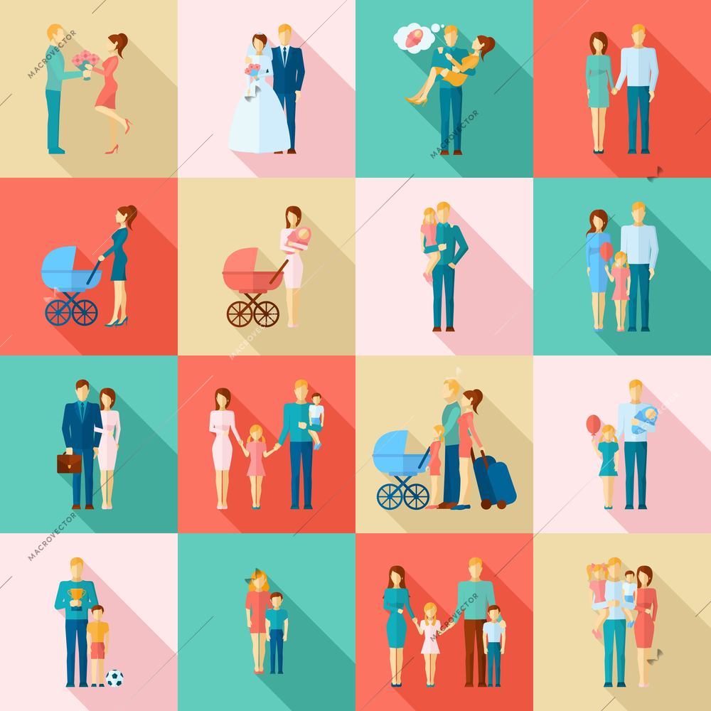 Family flat icons set with married couples parents and children isolated vector illustration