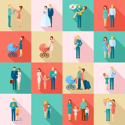 Family flat icons set with married couples parents and children isolated vector illustration