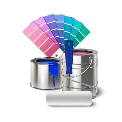 Painting tools realistic composition with palette metal cans of paint and clean white roller vector illustration