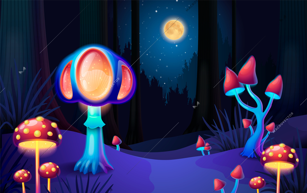 Magic poisonous mushrooms glowing in darkness in forest with moon shining on night sky cartoon background vector illustration