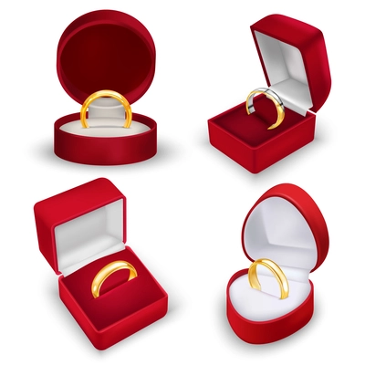 Realistic red ring box set of four isolated views with wedding rings in red velvet cases vector illustration