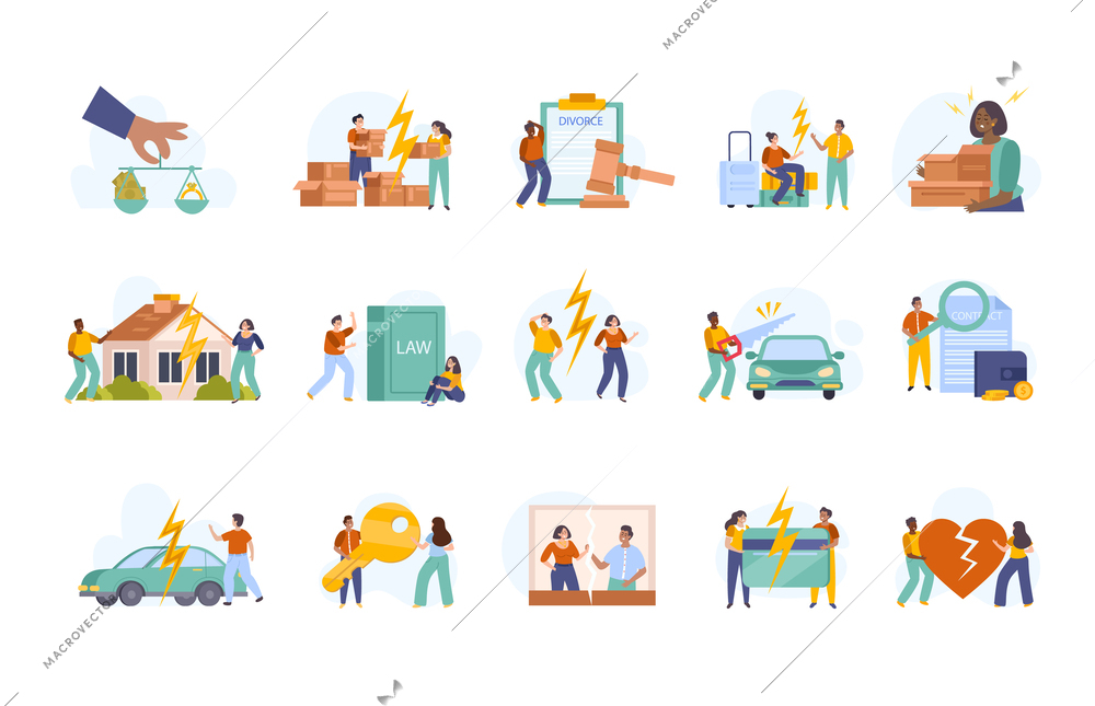 Property division set of flat isolated icons with people dividing house car money possessions after divorce vector illustration