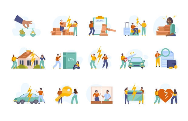 Property division set of flat isolated icons with people dividing house car money possessions after divorce vector illustration